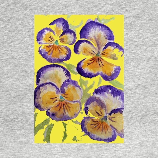 Viola Watercolor Purple Floral Pattern on Yellow by SarahRajkotwala